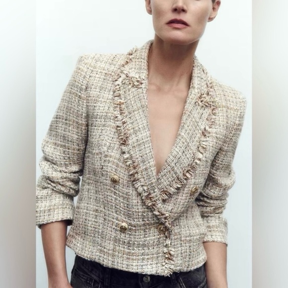Zara Tweed Cropped Double Breasted Blazer Medium Beige Plaid Frayed Trim - Picture 1 of 8